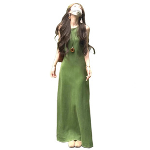 小个子收腰气质长裙 新款 法式 复古绿色吊带背心连衣裙女子夏季