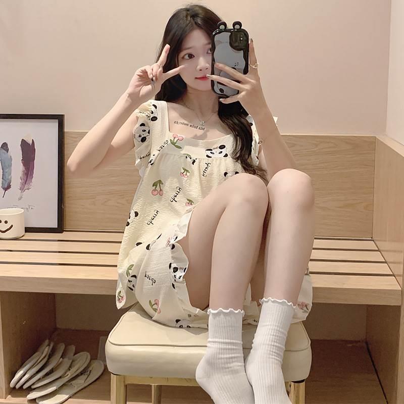 夏季睡衣女皱布棉日系少女背心短裤薄款甜美卡通家居服可外穿套装