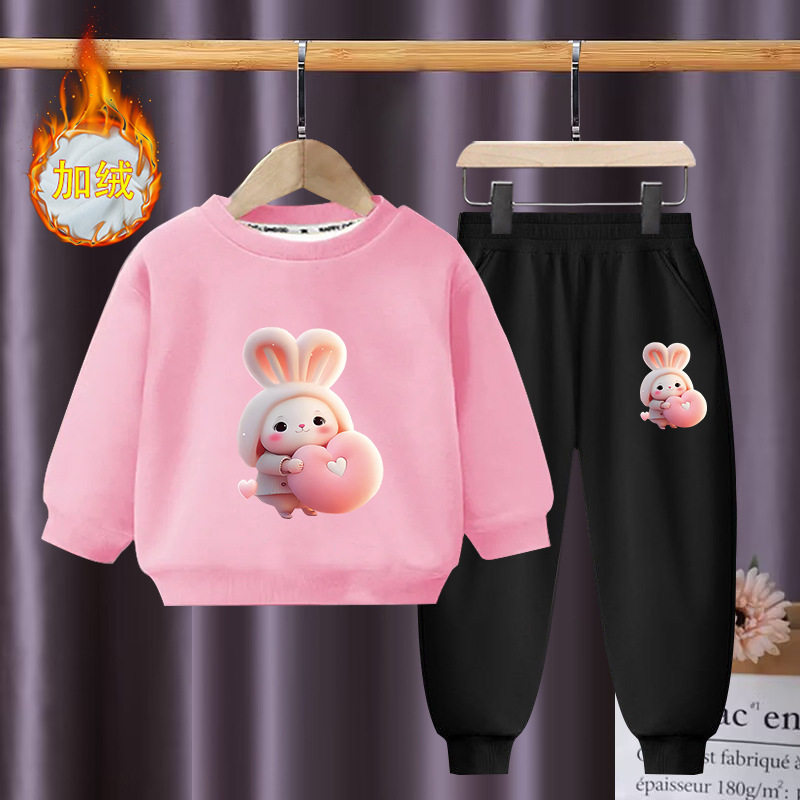 女童春秋套装新款中小童洋气圆领卫衣两件套女宝宝时髦冬装加绒冬