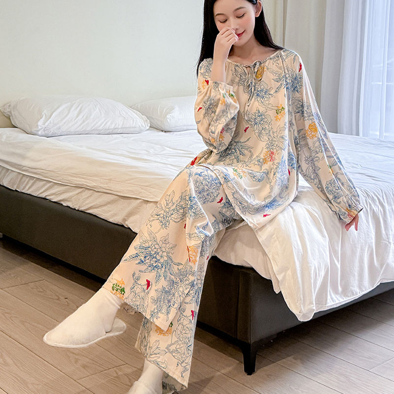 2025青花瓷棉绸睡衣女士长袖长裤套装加长薄款国风家居服春秋夏季