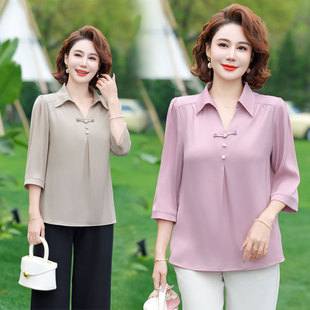 妈妈夏装上衣女2024新款洋气中老年女薄款衬衫领雪纺衫宽松小衫