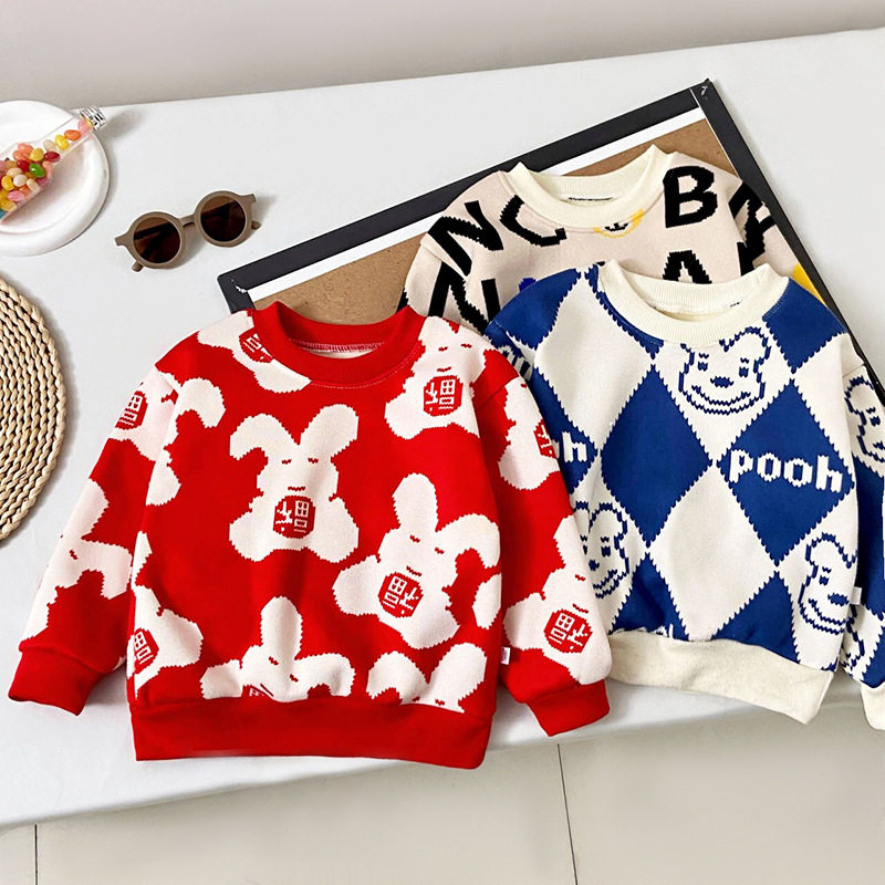 秋冬新款儿童加绒t恤男童加厚长袖女童保暖卡通针织毛衣童装