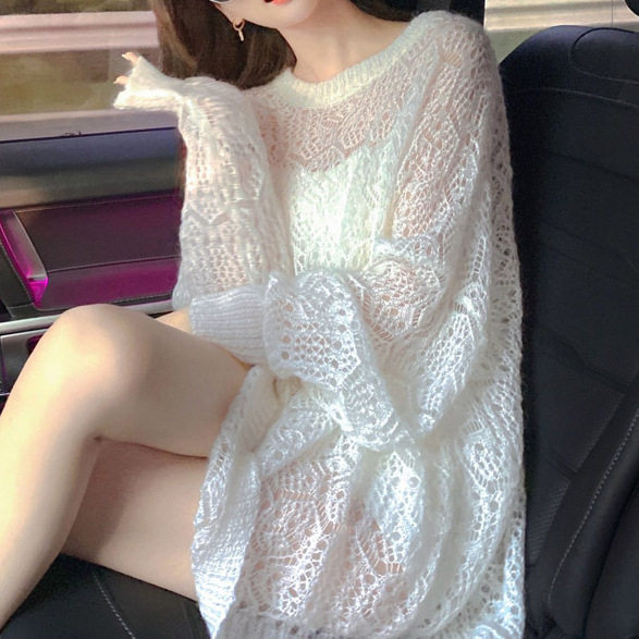 2025年春季新款软糯温柔仙女风镂空白毛衣中长款慵懒纯色罩衫上衣
