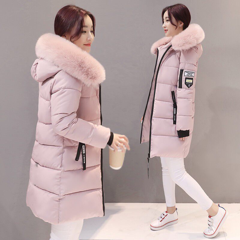 冬季新款棉衣女中长款过膝修身棉袄外套彩毛领时尚棉服女