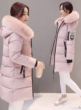 冬季新款棉衣女中长款过膝修身棉袄外套彩毛领时尚棉服女