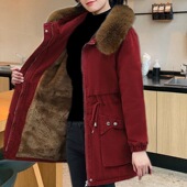 高质量保障冬季 派克服女 保暖中长款 加绒加厚新款 棉袄毛领收腰修身