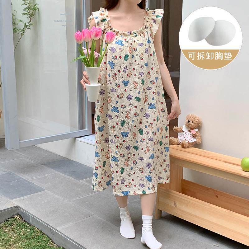 夏季新款皱布棉可拆卸胸垫吊带睡裙薄款甜美少女纯欲风家居服睡衣