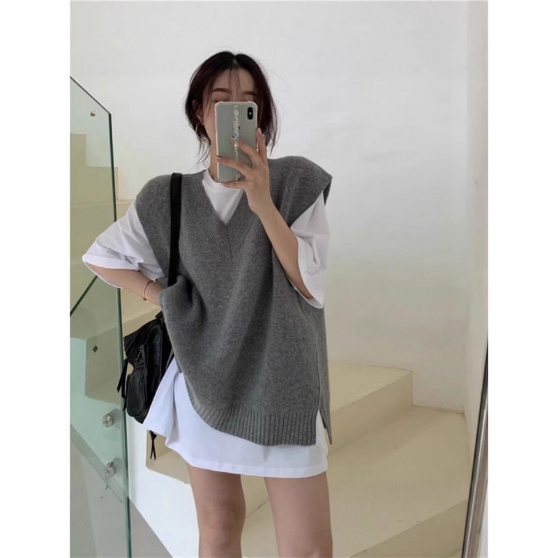 KANING新款秋冬韩版宽松V领针织马甲女外穿中无袖毛衣背心坎肩