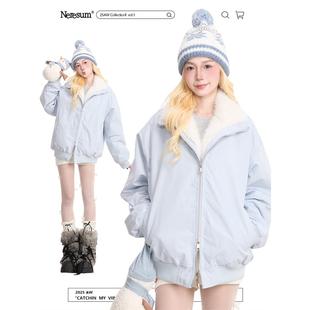 NERESUM冬季 羊羔绒立领棉服女潮牌宽松百搭慵懒加厚保暖棉衣外套