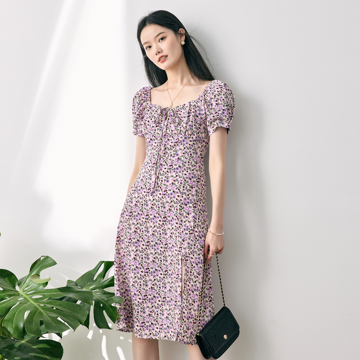 雪纺连衣裙女夏2025新款韩版高腰碎花中长裙短袖碎花裙子时尚潮女