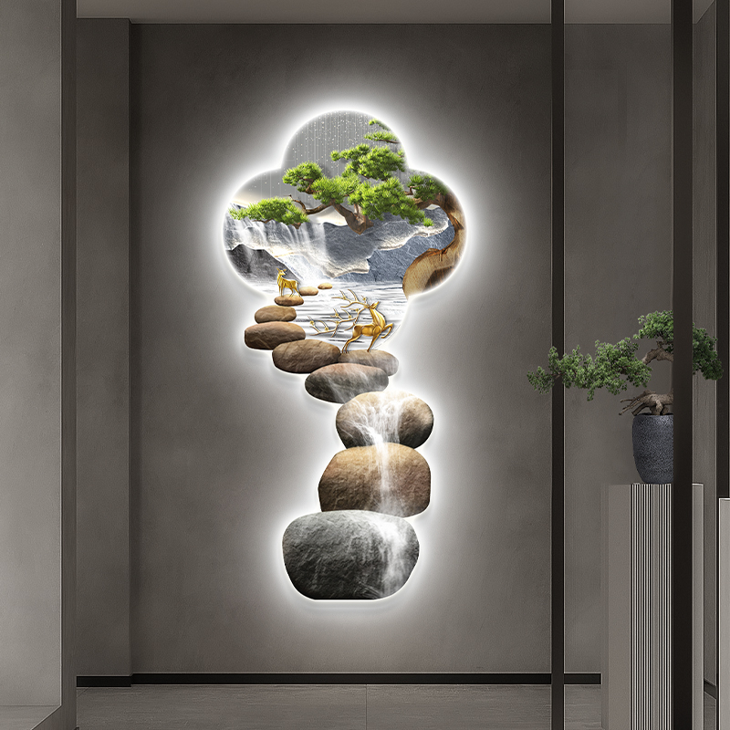 一路高升玄关装饰画轻奢入户进门正对墙挂画迎客松高级感发光壁画