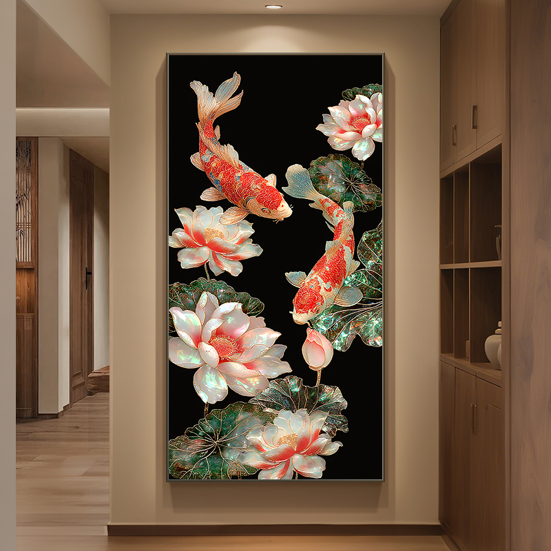 法式覆古风锦鲤玄关装饰画 画新中式荷花走廊挂画 画珐瑯彩入户带
