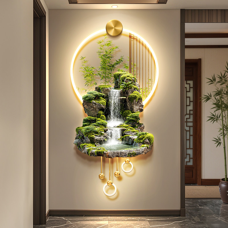 流水生财玄关装饰画新中式聚宝盆入户壁画灯竹子茶室氛围布置挂画