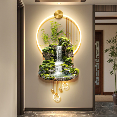 流水生财玄关装饰画新中式聚宝盆入户壁画灯竹子茶室氛围布置挂画