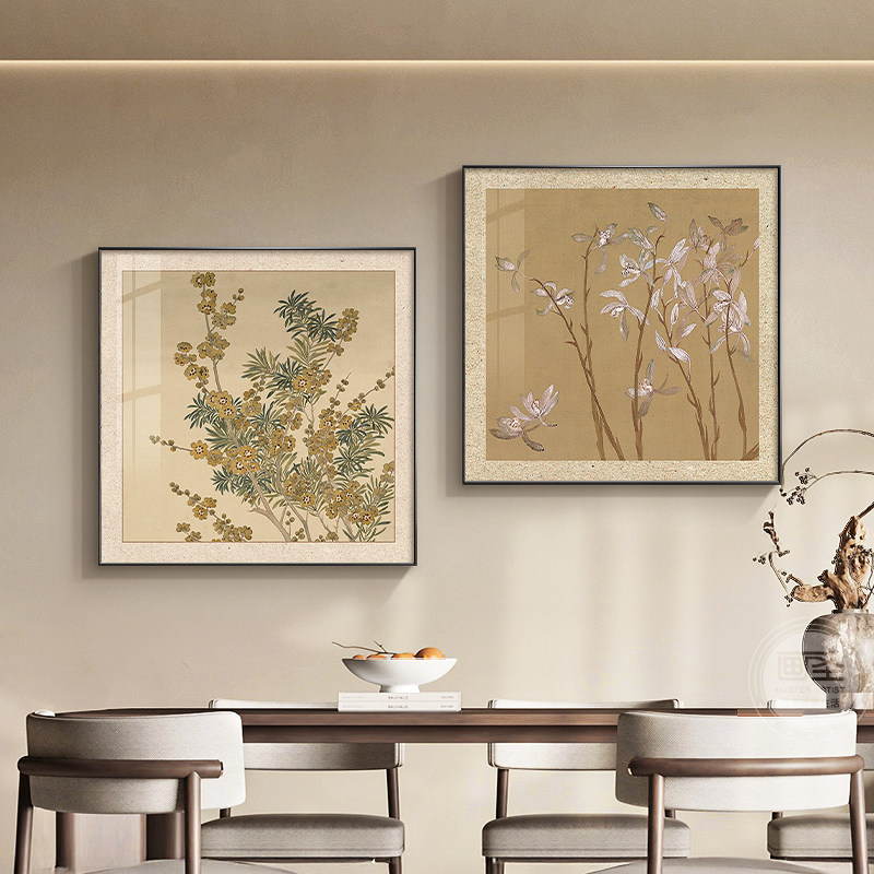 覆古风正方形装饰画花卉玄关挂画客厅背景墙壁饰画国风组合饭厅画
