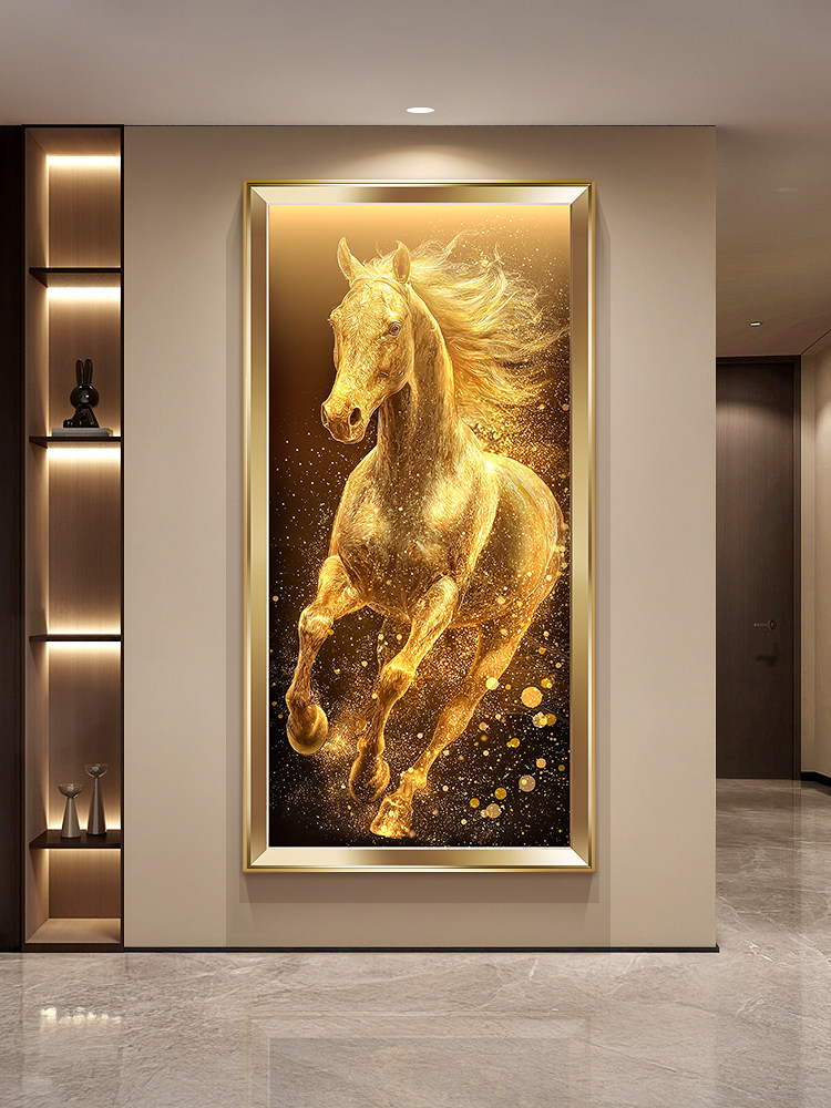 轻奢马到成功玄关装饰画高级感金色骏马走廊挂画入户正对门壁画灯
