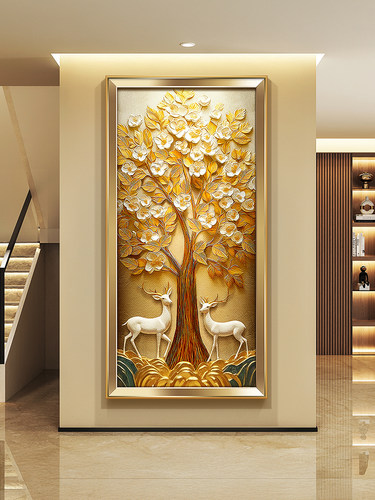 轻奢发财树玄关装饰画浮雕麋鹿走廊尽头挂画3D立体感入户带灯壁画