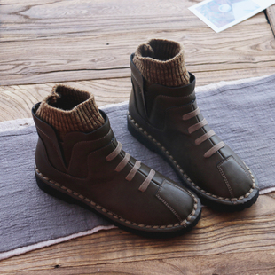 森女文艺英伦平底短靴女 女鞋 毛线套复古圆头软底女靴秋冬韩版 时尚