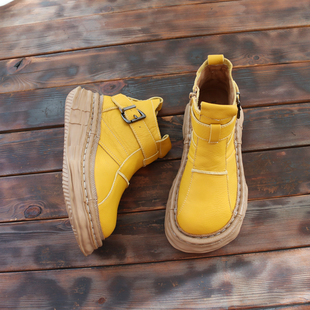 牛皮厚底短靴女真皮手工靴子森女文艺复古女靴百搭增高舒适马丁靴