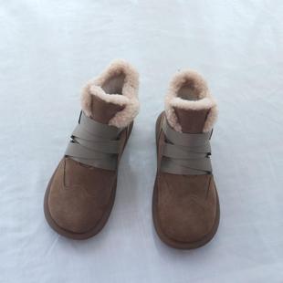 真皮复古马丁靴女秋冬新款 加绒雪地靴平底休闲靴子粘帕软底短靴女