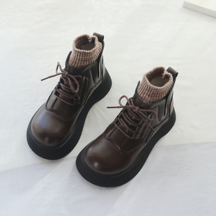 复古短靴女秋冬新款 休闲松糕厚底靴子加绒毛线口袜靴英伦马丁靴女