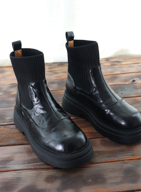 真皮马丁靴女秋冬加绒毛线口针织袜靴软底黑色瘦瘦靴百搭英伦短靴