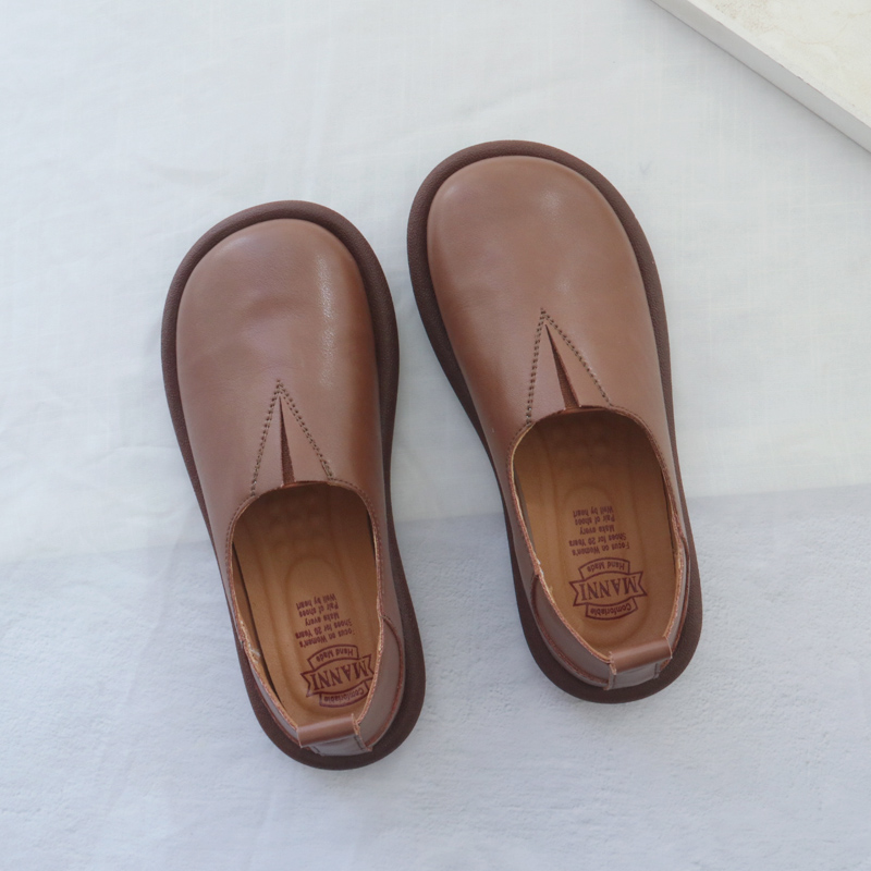 森女牛皮女鞋复古平底一脚蹬单鞋