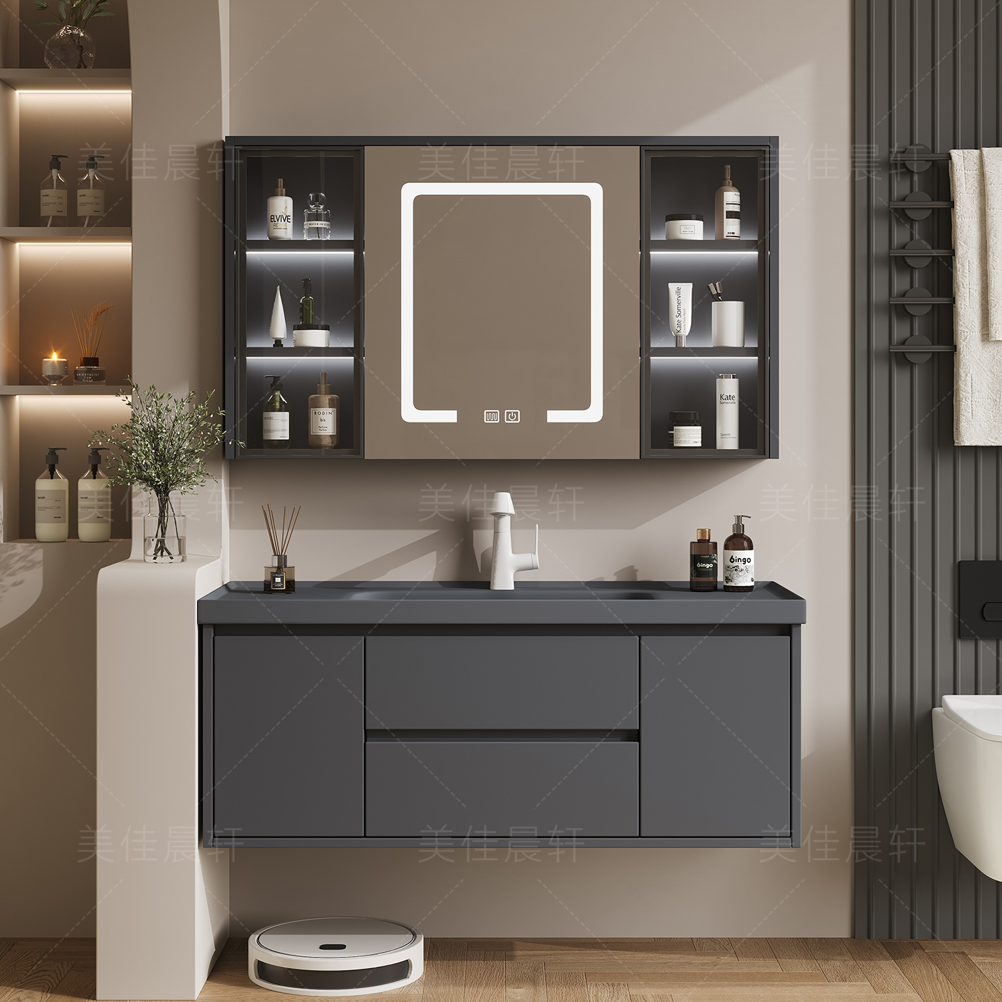 美佳晨轩全按实木微晶石浴室柜组合卫生间实木洗漱台洗脸盆柜一体