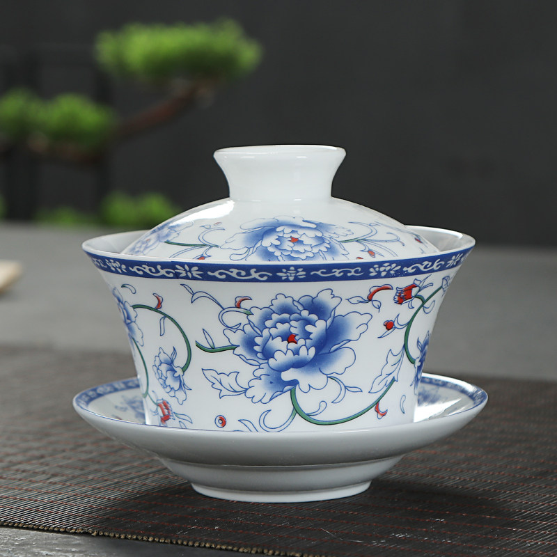 青花瓷盖碗景德镇茶杯大号陶瓷
