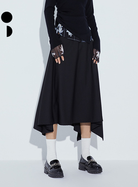 未知未觉2024年春装新品黑色中长款不规则a字半身裙女 W311Q18608