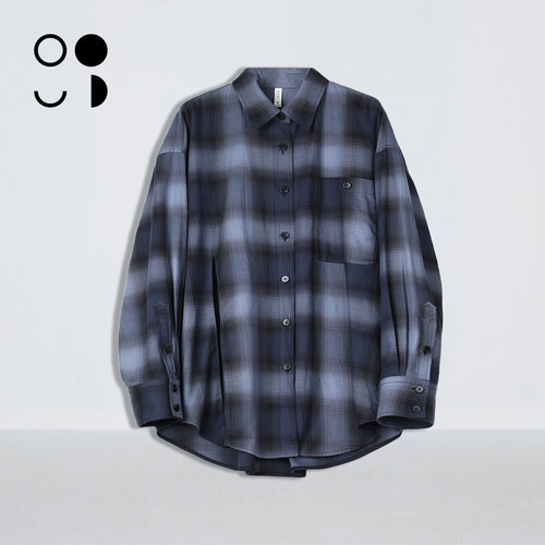 未知未觉复古宽松长袖渐变廓形松弛感休闲格子衬衫女W441C16531