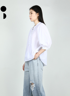 未知未觉2025秋新品通勤圆领套头灯笼袖纯棉气质衬衫女W431Z11557