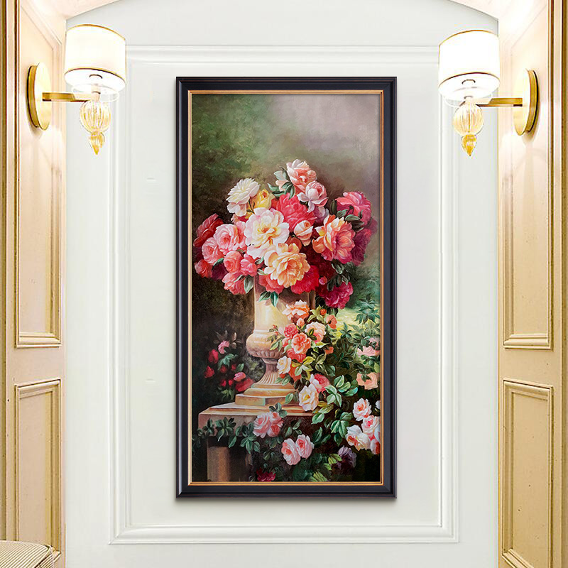 纯手绘油画美式玄关装饰画欧式过道竖版壁画客厅牡丹挂画花开富贵图片