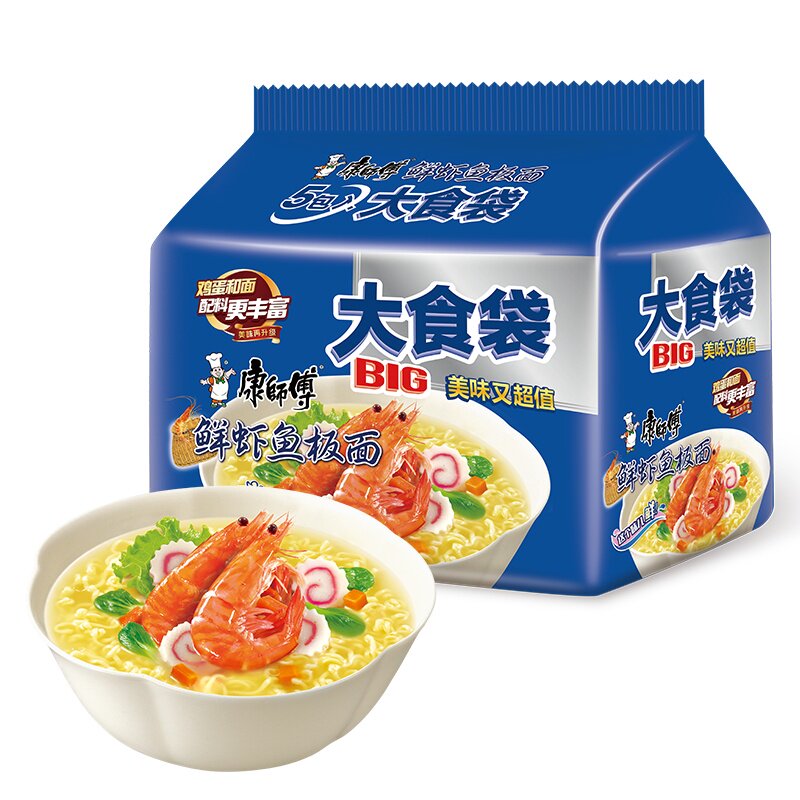 康师傅大食袋鲜虾鱼板面5袋