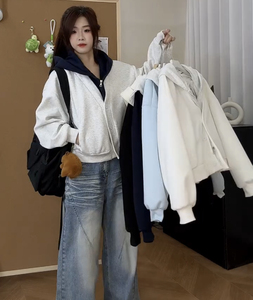春秋季拼接假两件连帽卫衣女韩版宽松百搭外套小个子慵懒小众潮
