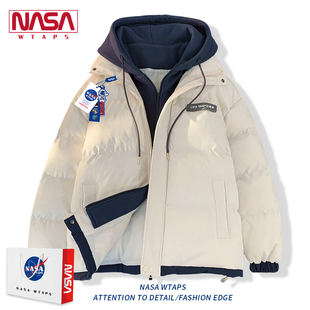 NASA WTAPS拼接撞色连帽羽绒棉服男女冬季新款加厚保暖面包服外套