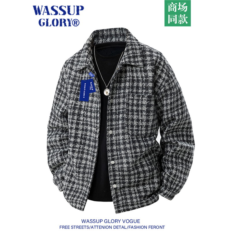 WASSUP GLORY千鸟格夹克男春季美式复古翻领外套小香风毛呢上衣