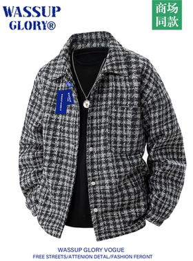 WASSUP GLORY千鸟格夹克男春季美式复古翻领外套小香风毛呢上衣