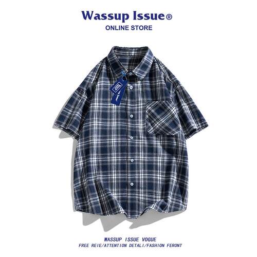WASSUP ISSUE藏青色格纹短袖衬衫男款夏季潮牌痞帅宽松衬衣外套男