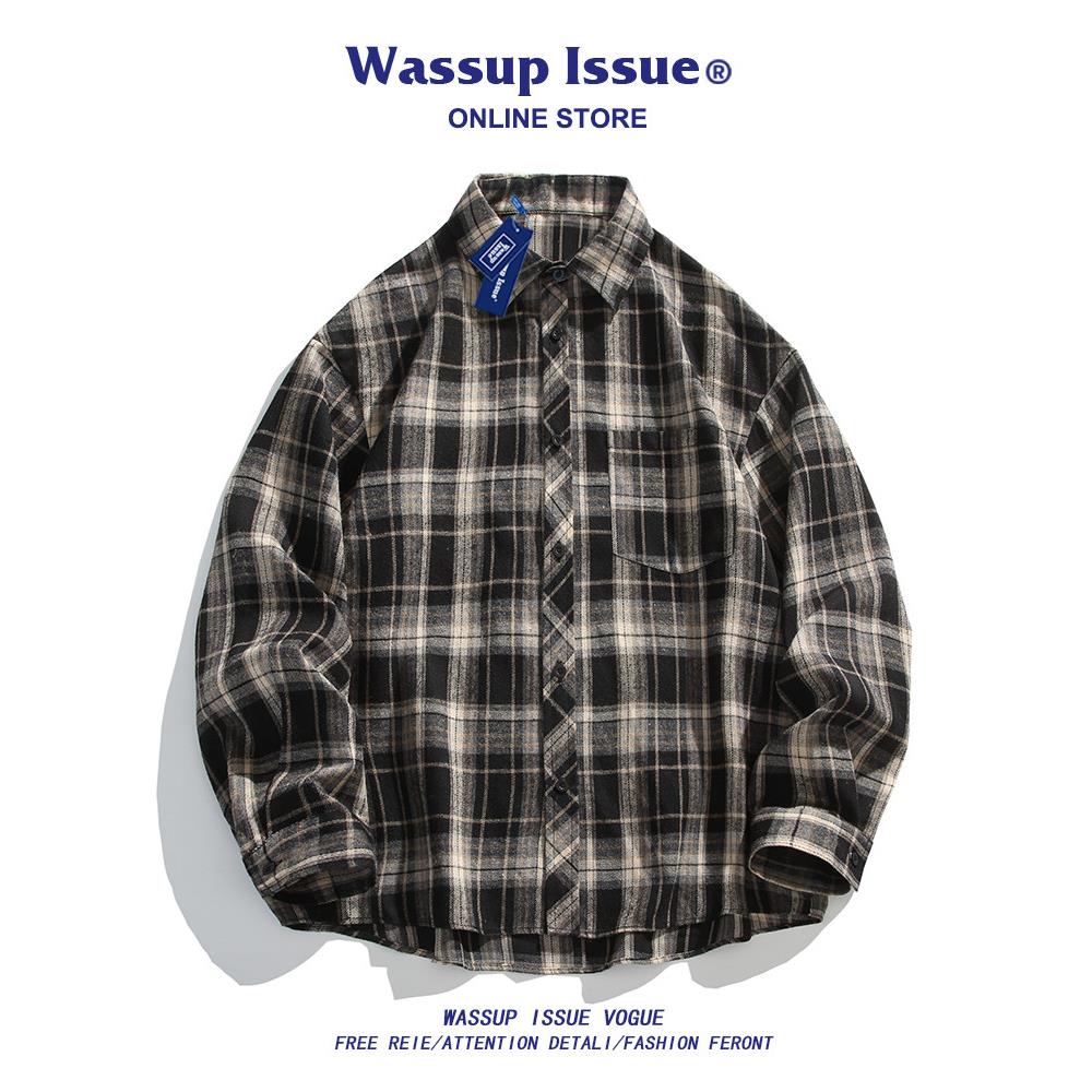 WASSUP ISSUE港风休闲复古格子衬衫男士夏季时尚痞帅衬衣男款外套