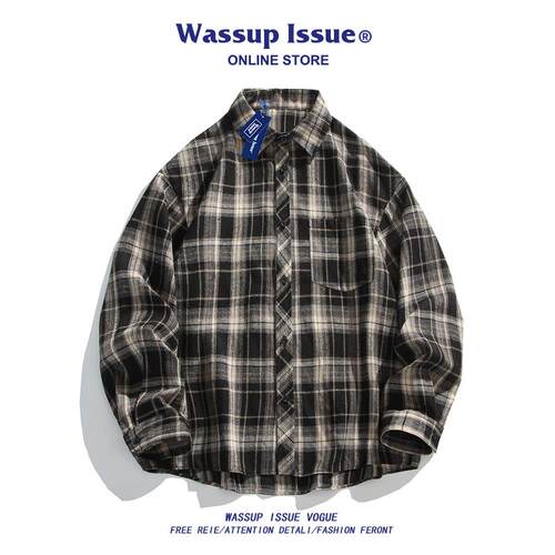 WASSUP ISSUE港风休闲复古格子衬衫男士夏季时尚痞帅衬衣男款外套