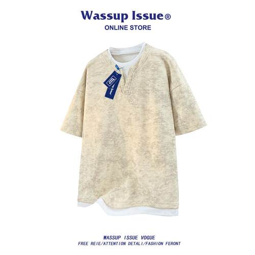 WASSUP ISSUE扎染假两件上衣服男款夏季美式情侣装宽松短袖T恤男