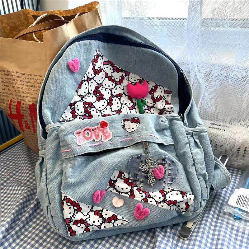 ORIGINAL HOMEMADE HELLO KITTY DENIM BACKPACK HELLO KITTY BAG SWEET AND VERSATILE MILLENNIAL STITCHING OLD
