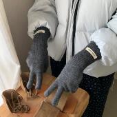 可触屏 含羊毛韩国ins手套女冬季 可爱保暖骑行车露指针织毛线学生