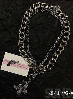 韩国INS欧美蝴蝶吊坠双层粗链条
