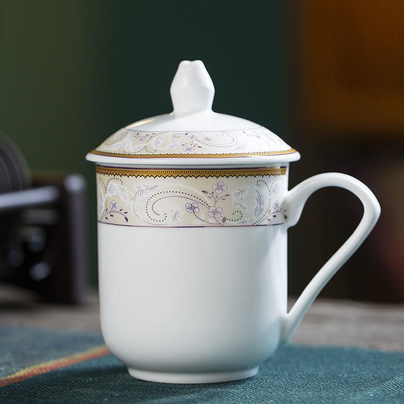 陶瓷茶杯景德镇带盖带把水杯家用办公杯子宾馆酒店会议室泡茶定制