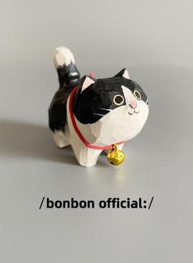 猫肥家润手工木雕奶牛猫摆件办公室桌面汽车装饰创意可爱生日礼物