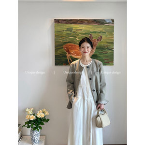 Unique design 极简气质白色连衣裙直筒廓形西装外套两件套秋季女