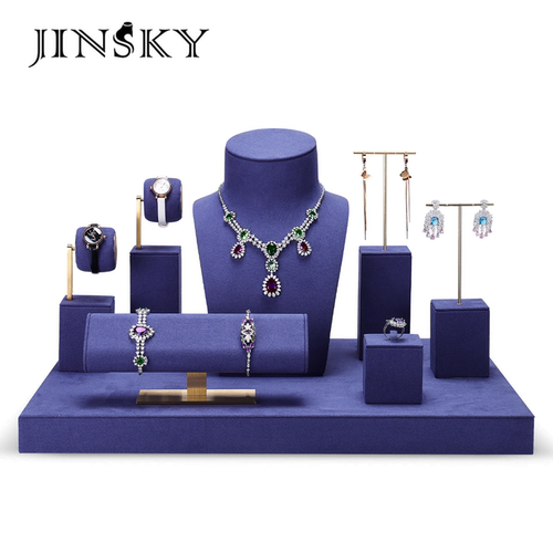 JINSKY高柜蓝色超纤首饰展示架项链戒指手表道具展示盘珠宝套装