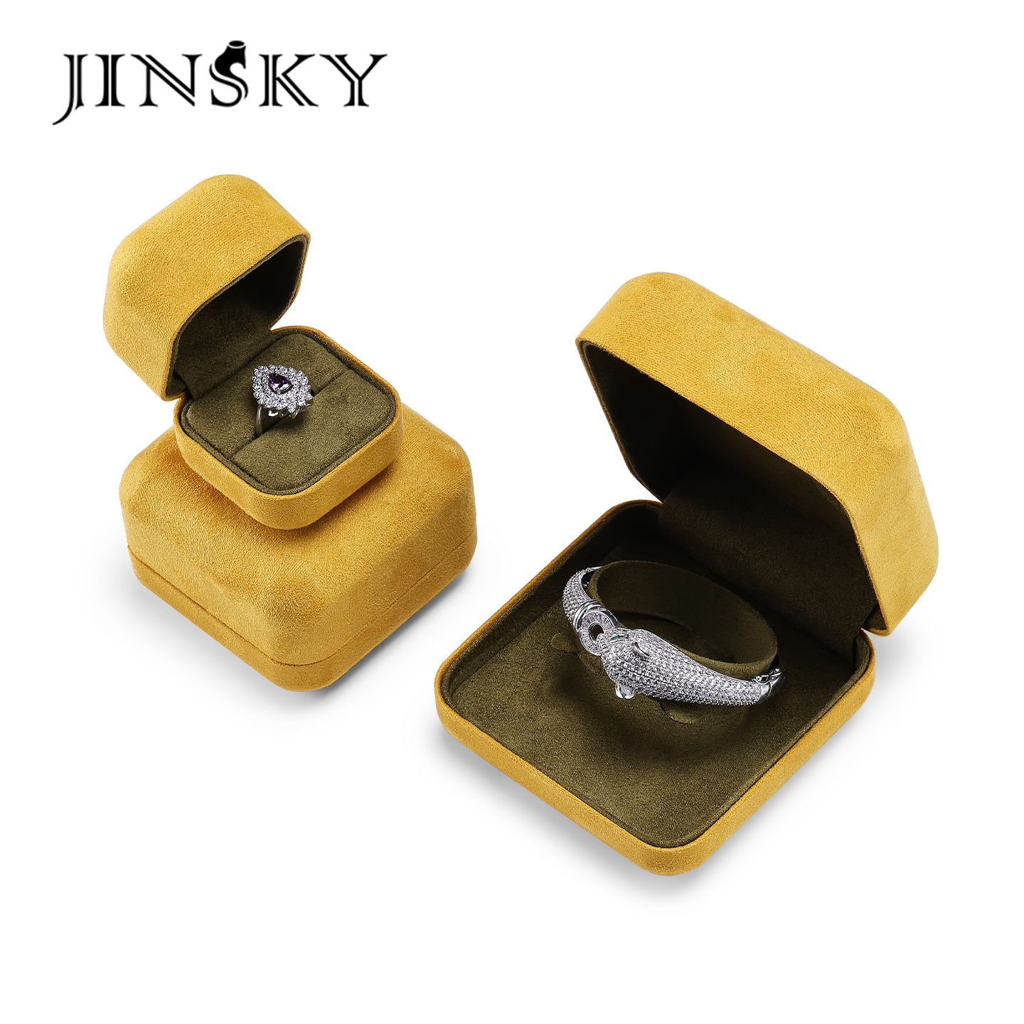JINSKY绒面首饰盒便携式项链戒指手镯收纳盒优雅黄色珠宝展示盒